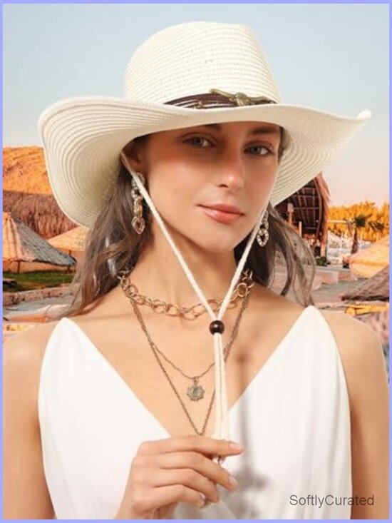 Straw Cowboy Hat with Windproof Chin Strap Sun Protection